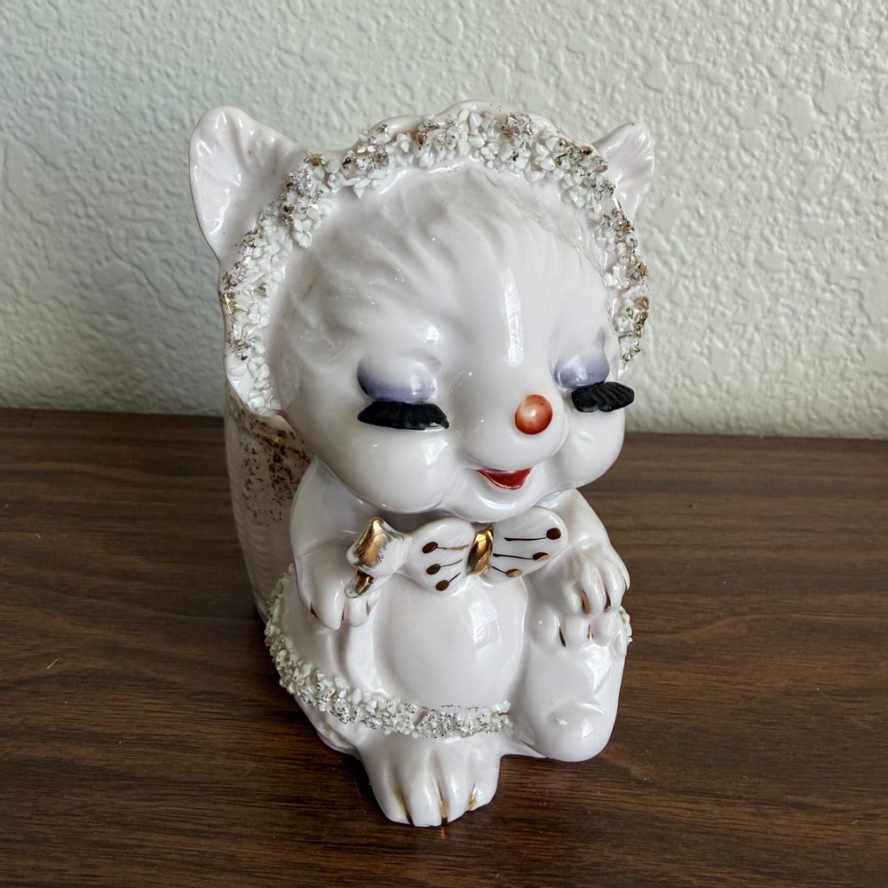 Vintage Lefton Blue Cat Kitten Bowtie Flowers Porcelain Planter JAPAN READ
